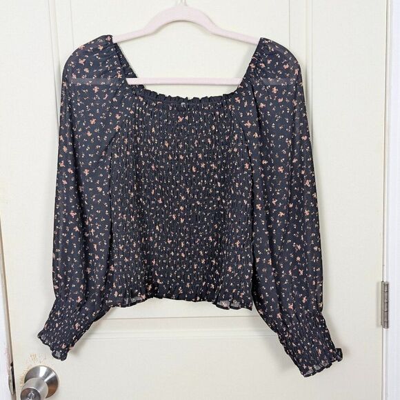 Madewell | Black Floral Smocked Square Neck Top Size Extra Small - Picture 1 of 10